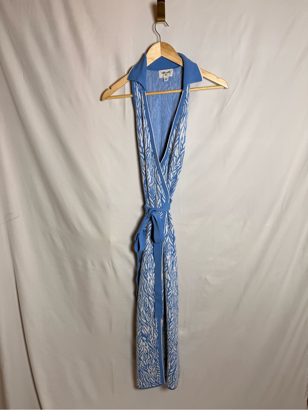 Diane Von Furstenberg Sky Blue & White One-Shoulder Wrap Dress